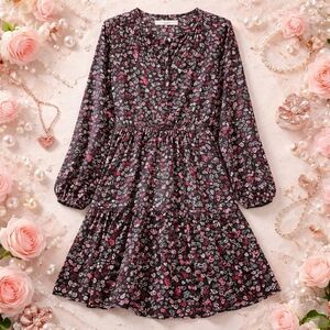 LOFT Black and Pink Floral Midi Dress